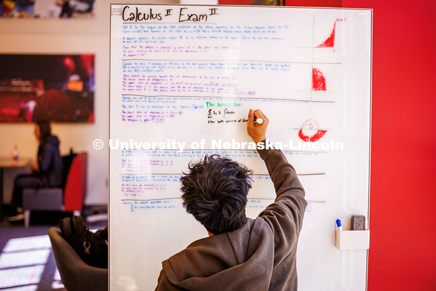 Josh Ronquillo, a freshman physics major, studies for an upcoming Calculus 2 exam in the Nebraska Un