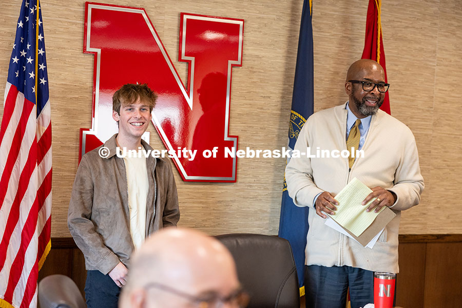 250414_Truman_08.jpg Luke McDermott, a senior at the University of Nebraska–Lincoln, and Chancellor Rodney D. Bennett a