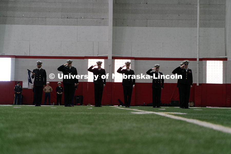 250417_ROTC_Review_11.jpg Cadets salute Chancellor Rodney D. Bennett. Joint Service Chancellor’s Review of the ROTC Cadets i