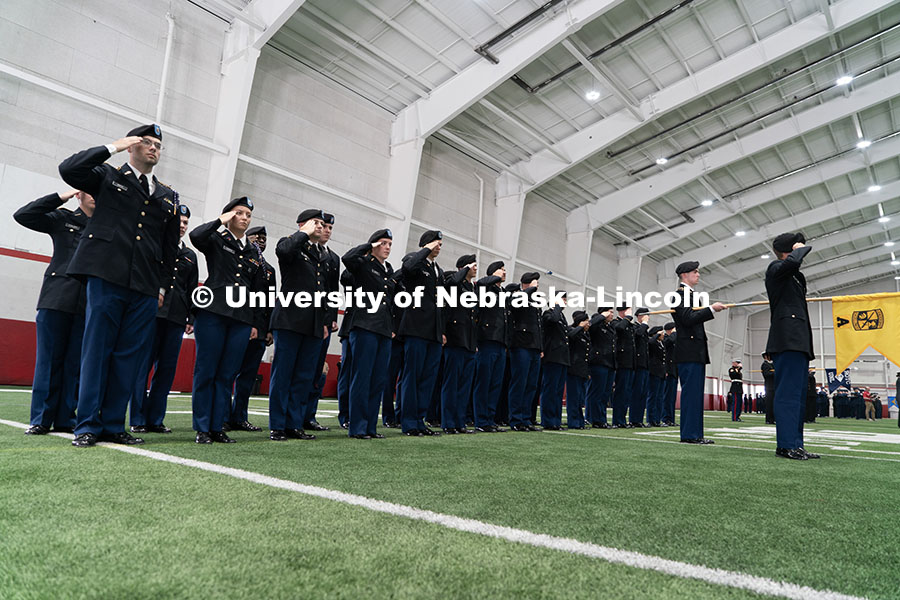 250417_ROTC_Review_12.jpg Cadets salute Chancellor Rodney D. Bennett. Joint Service Chancellor’s Review of the ROTC Cadets i