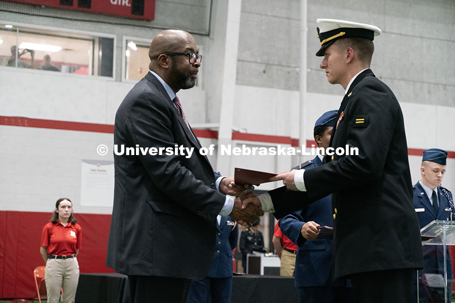 250417_ROTC_Review_20.jpg Midshipmen Lincoln Kohler receives the Chancellor's Academic Excellence Award. Joint Service Chancel
