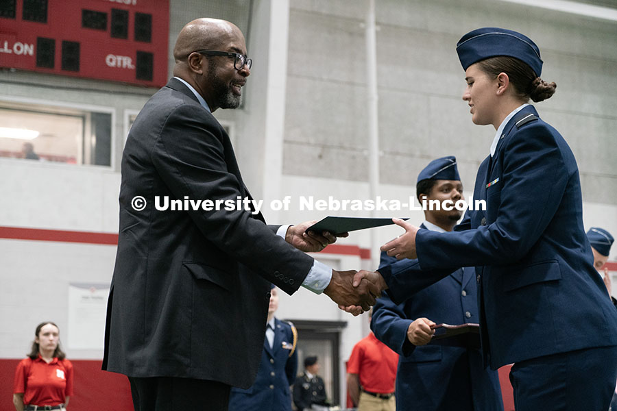 250417_ROTC_Review_23.jpg Cadet Hayden Ricley receives the Chancellor's Academic Excellence Award. Joint Service Chancellor’