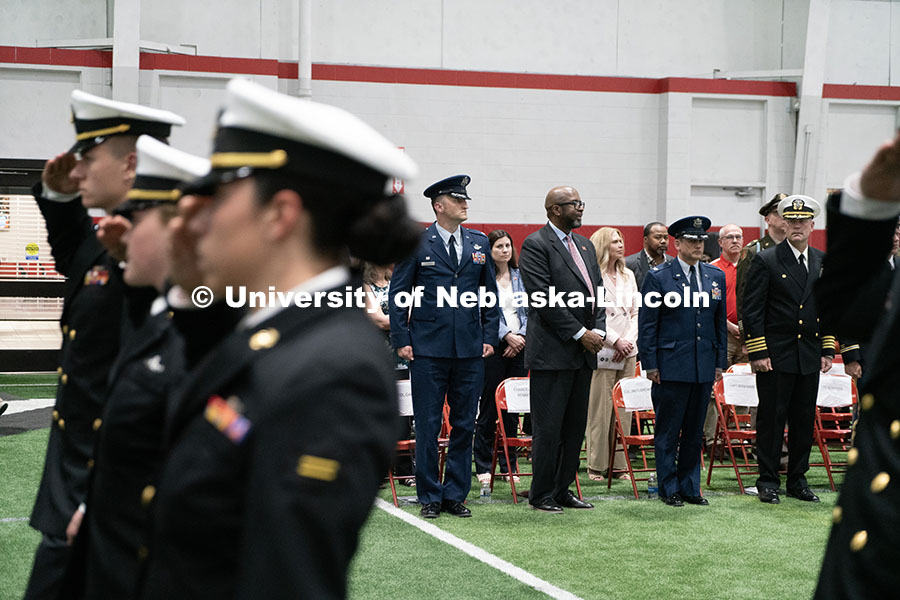 250417_ROTC_Review_25.jpg Chancellor Bennett watches on as ROTC students march to conclude the ceremony. Joint Service Chancel