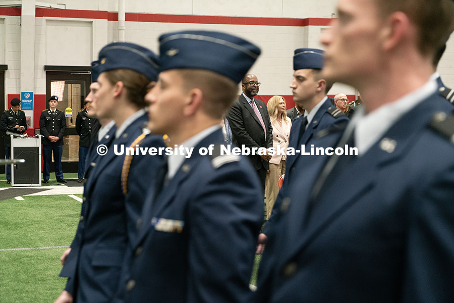 250417_ROTC_Review_26.jpg Chancellor Bennett watches on as ROTC students march to conclude the ceremony. Joint Service Chancel