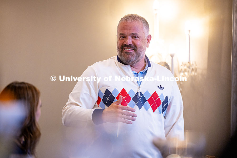 250417_We_Give_Blood_1371.jpg UNL’s head football coach Matt Rhule gives a speech to the UNL and Abbott group during the dinner
