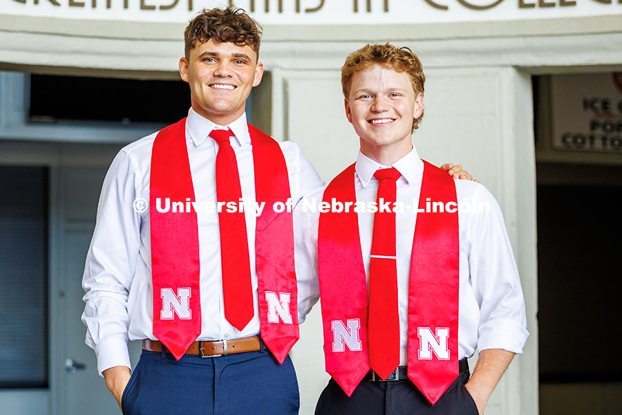 250506_Mascot_Reveal_070.jpg (Left) Brady Moylan, a Management major, and Ben Hastreiter, a Marketing major, pose for a photo in