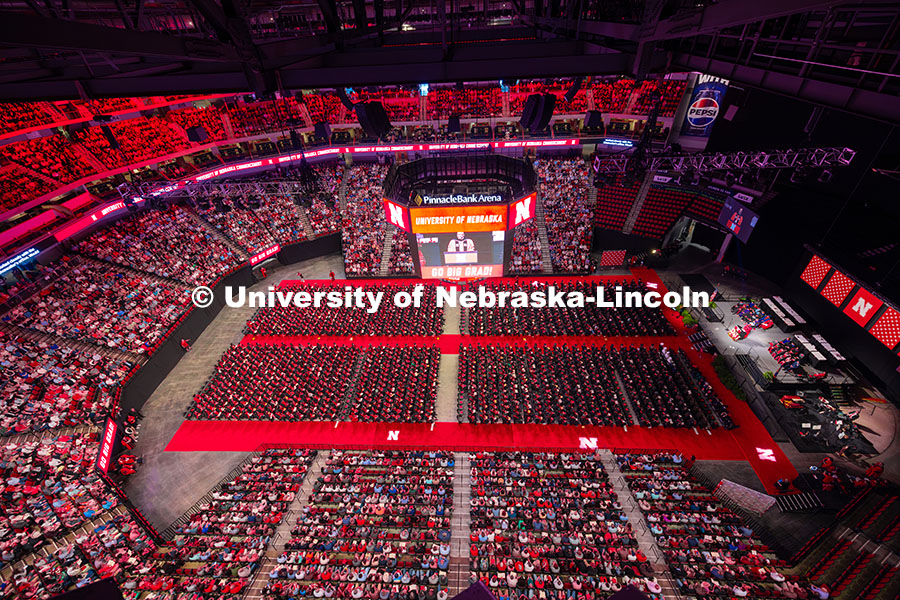 250517_Commencement_9628.jpg A view from the rafters as Chancellor Rodney D. Bennett addresses the UNL class of 2025 during the M