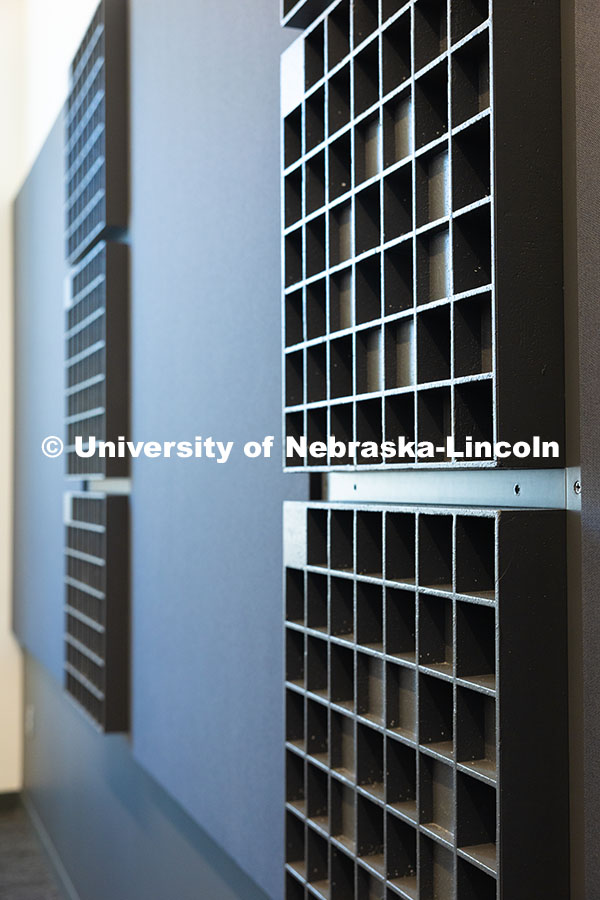 250522_FPA_8742.jpg A close-up of the sound-absorbing panels on the walls of a classroom in the new Hixson-Lied College