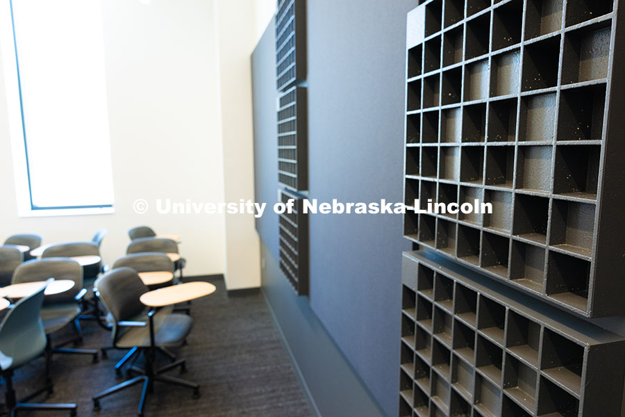 250522_FPA_8746.jpg A close-up of the sound-absorbing panels on the walls of a classroom in the new Hixson-Lied College