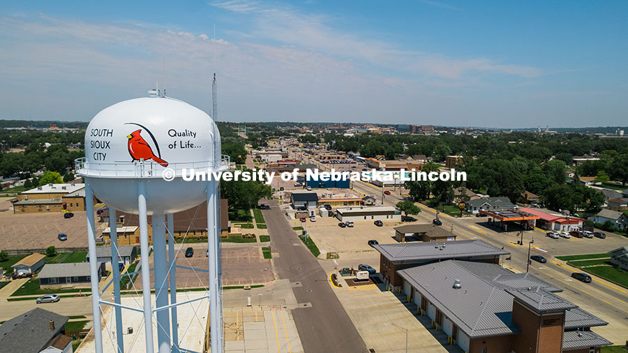 250611_Engineering_0345.jpg Aeiral view of downtown South Sioux City and water tower in Nebraska. June 11, 2025.