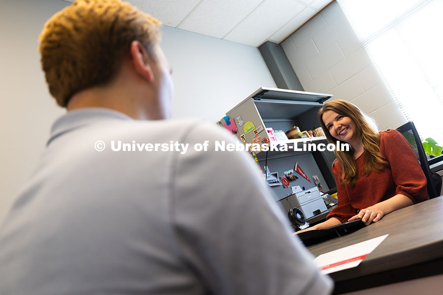 250624_Navigators_0759.jpg Meredith Cain, Academic Navigator for the College of Arts and Sciences, listens to Jack Hibbs, a sen