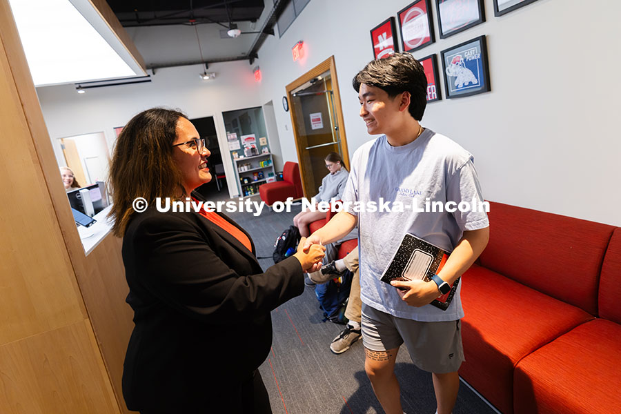 250625_CAST_Team_1597.jpg Mari Beck welcomes Jimmy Truong to the Center for Academic Success and Transition. Beck is an academ