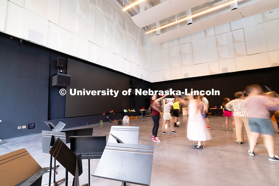 Students in the Orff Schulwerk Teacher Education Course rehearse a dance in a classroom in the Fine 