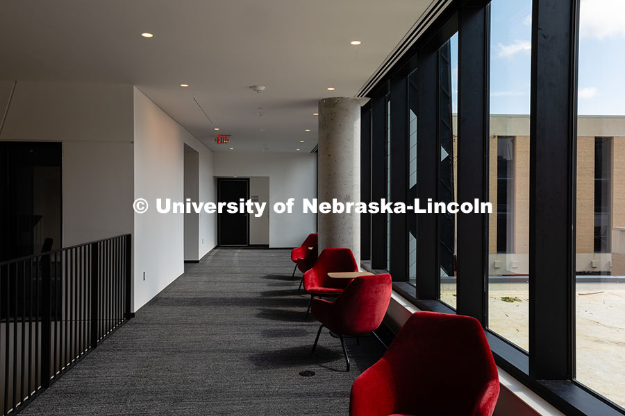 A bank of windows on the east side of the new the Fine and Performing Arts Building provide plenty o