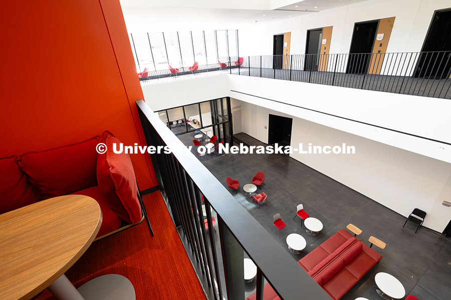 A study nook overlooks the lobby in the new Fine and Performing Arts Building, new home of the Glenn
