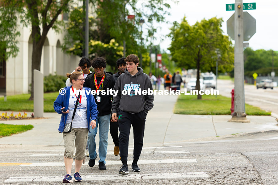 250523_Science_Olympiad_9033.jpg Eagan High School Science Olympiad participants cross 16th Street in downtown Lincoln. It's the seco