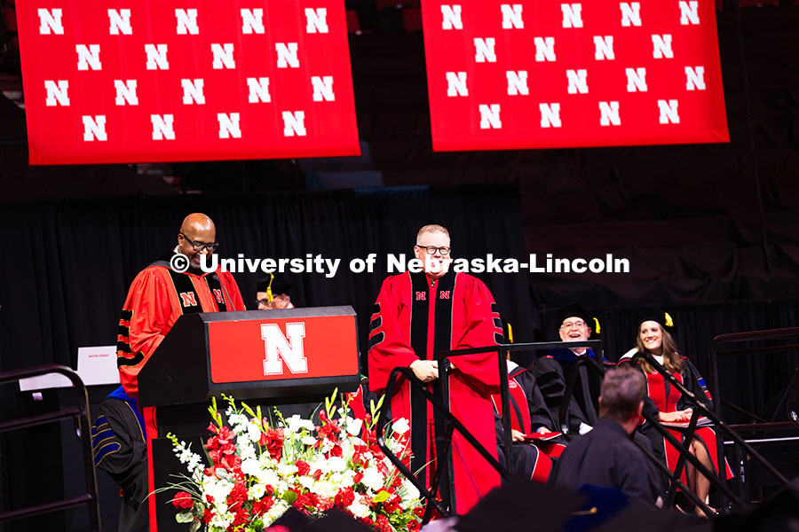 250816_Commencement_3586.jpg Chancellor Rodney Bannett smiles while introducing Mike Zeleny, Vice Chancellor of Business and Fina