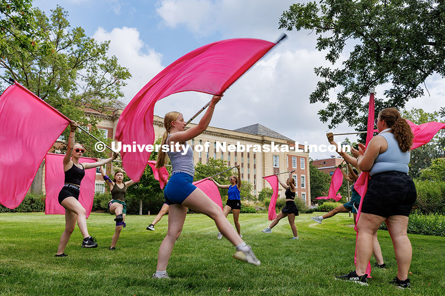 250819_Color_Guard_179.jpg Madeline Woods practices the Cornhusker Marching Band’s Color Guard routine in front of Love Libra