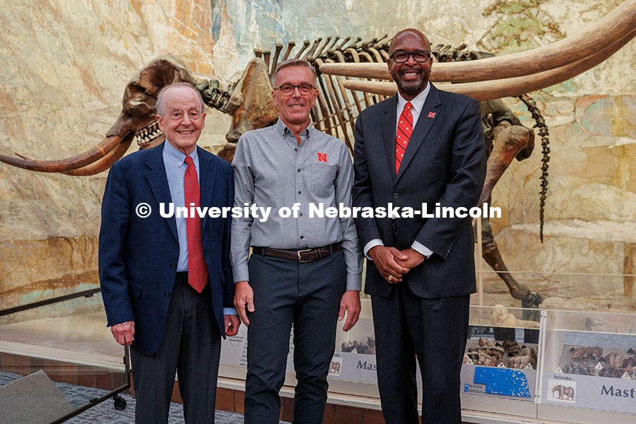 250821_Zeleny_Farewell_017.jpg Former chancellors (left to right) Harvey Perlman and Ronnie D. Green and current chancellor Rodney
