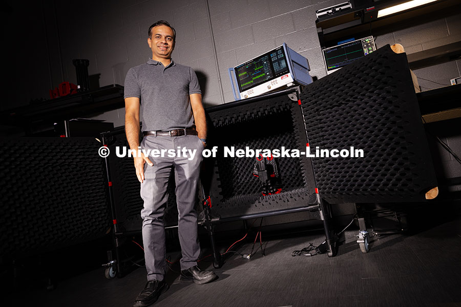 250815_Bhardwaj_3461.jpg Shubhendu Bhardwaj, Associate Professor of Electrical and Computer Engineering, poses in the lab whe