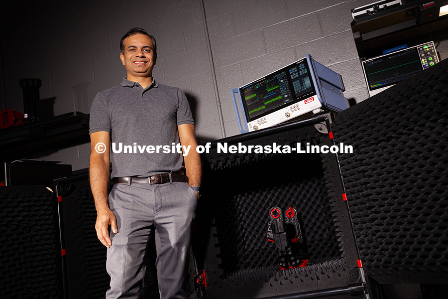Shubhendu Bhardwaj, Associate Professor of Electrical and Computer Engineering, poses in the lab whe