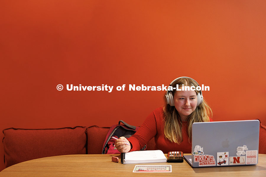 Bria Jeffryes, sophomore biochemistry major studies inside the new Fine and Performing Arts Building