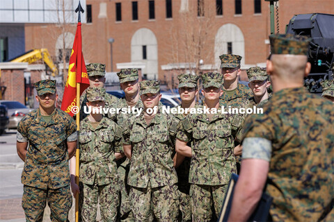 Newly promoted First Sergeant Joshua Glotzbecker talks to the Navy and Marine ROTC cadets after his 