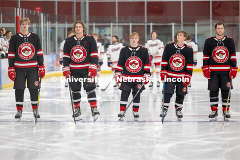 Hockey players at the starting lineup Friday night. Husker Hockey at Breslow Ice Hockey Center. Octo