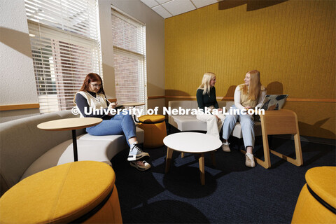 Sarah Danahy, left, Madalyn Schoneman and Alexis Tenorio study in the Knoll Residential Center loung