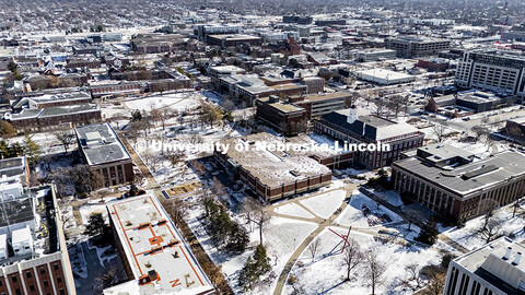Aerial view of City Campus looking east from Cather Garden. Snow on City Campus. January 6, 2025. 