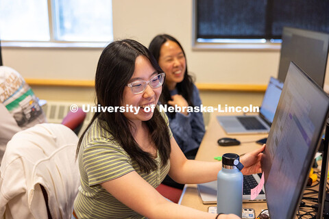 Victoria Chin shows Ealynn Hsu something on her screen as they work on their Raikes School Design St