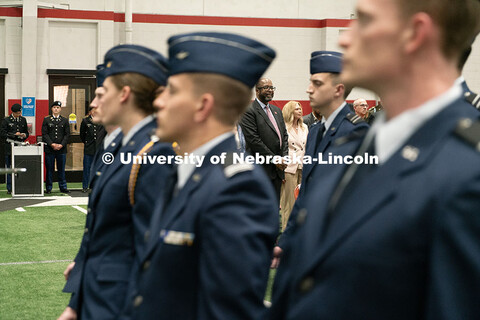 Chancellor Bennett watches on as ROTC students march to conclude the ceremony. Joint Service Chancel