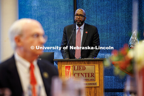 Chancellor Rodney Bennett gives opening remarks at the We Give Blood Celebration Luncheon. April 17,
