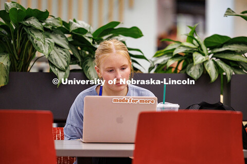 Elizabeth Pierce studies in the East Campus Union. May 7, 2025. 