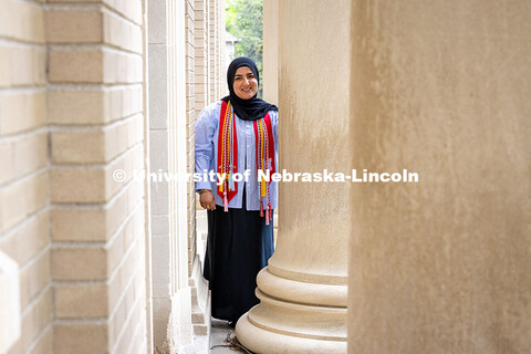 Furqan Mahdi poses for a portrait in front of Chase Hall of the College of Engineering on East Campu