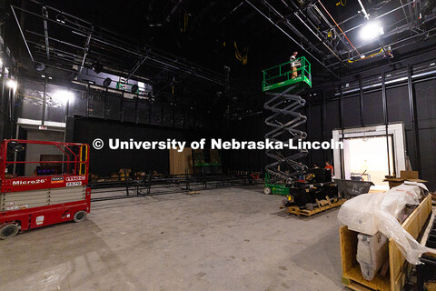 Construction in what will become a flexible performance space in the new Hixson-Lied College of Fine