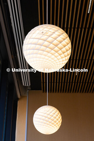 Round lights in the library of the new Hixson-Lied College of Fine and Performing Arts music buildin