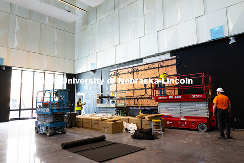 Hausman Construction employees work in the new Hixson-Lied College of Fine and Performing Arts music