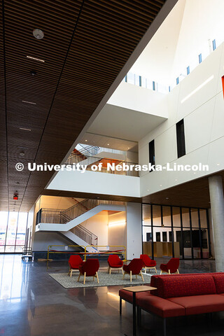 The central lobby of the new Hixson-Lied College of Fine and Performing Arts music building is just 