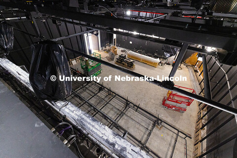 Construction in what will become a flexible performance space in the new Hixson-Lied College of Fine