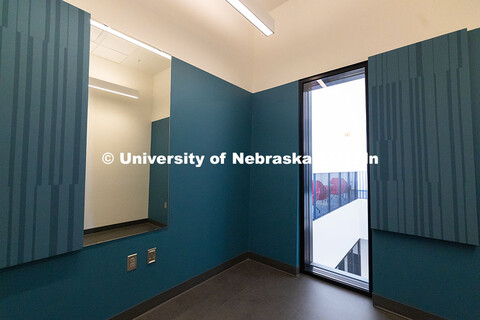 A second-floor practice room receives natural light from within the new Hixson-Lied College of Fine 