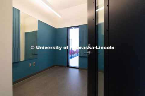 A second-floor practice room receives natural light from within the new Hixson-Lied College of Fine 