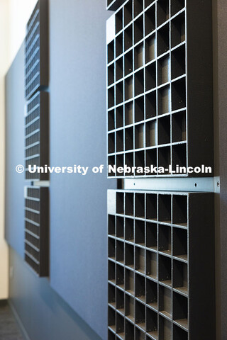 A close-up of the sound-absorbing panels on the walls of a classroom in the new Hixson-Lied College 