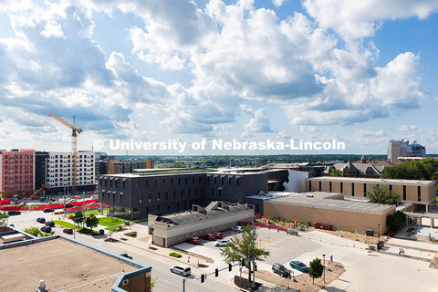 The wings of Westbrook Music Building and the new Fine and Performing Arts building, stretch over th