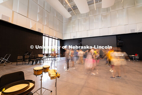 Students in the Orff Schulwerk Teacher Education Course rehearse a dance in a classroom in the Fine 
