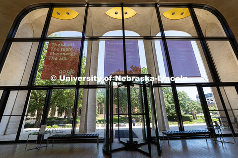 Signage for "Go Big Red," hangs in the entryway of the Sheldon Museum of Art which opens on Aug. 16,