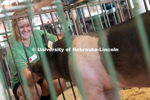 Kristen Herrick, 4-H Extension Assistant, greets a 4-H pig. As a 4-H'er herself, she showed pigs and