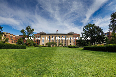 Exterior view of Love Library South in the summertime. Summer on City Campus. August 12, 2025.  