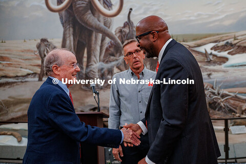 Former chancellors (left to right) Harvey Perlman and Ronnie D. Green chat with current chancellor R