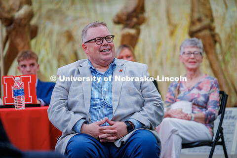 Mike Zeleny smiles as he listens to Chancellor Rodney D. Bennett’s speech during his farewell rece